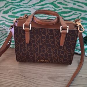 Calvin Klein Brown and Tan Monogram Crossbody Bag